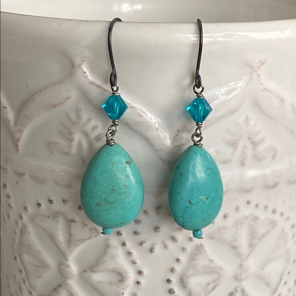 Turquoise Blue Boho Teardrop Dangle Earrings with Swarovski Crystal Accents
